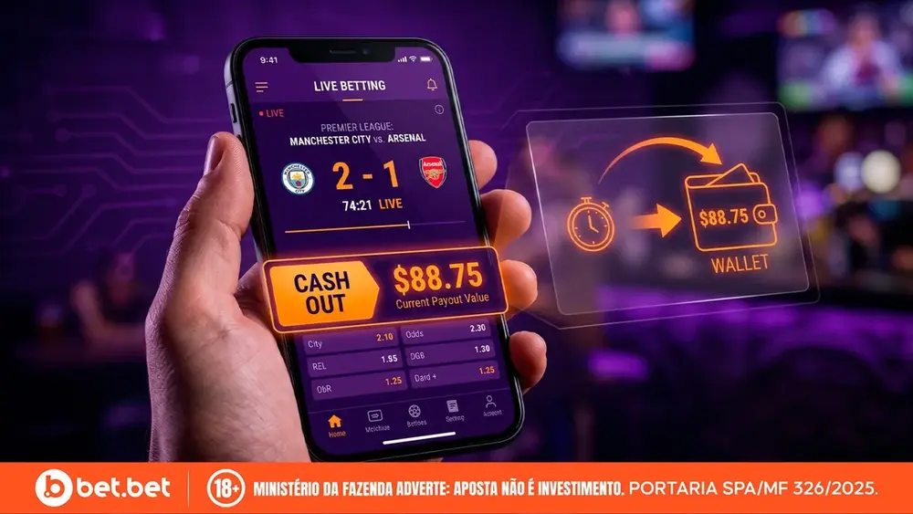 Celular exibindo a opção de cash out durante uma partida ao vivo