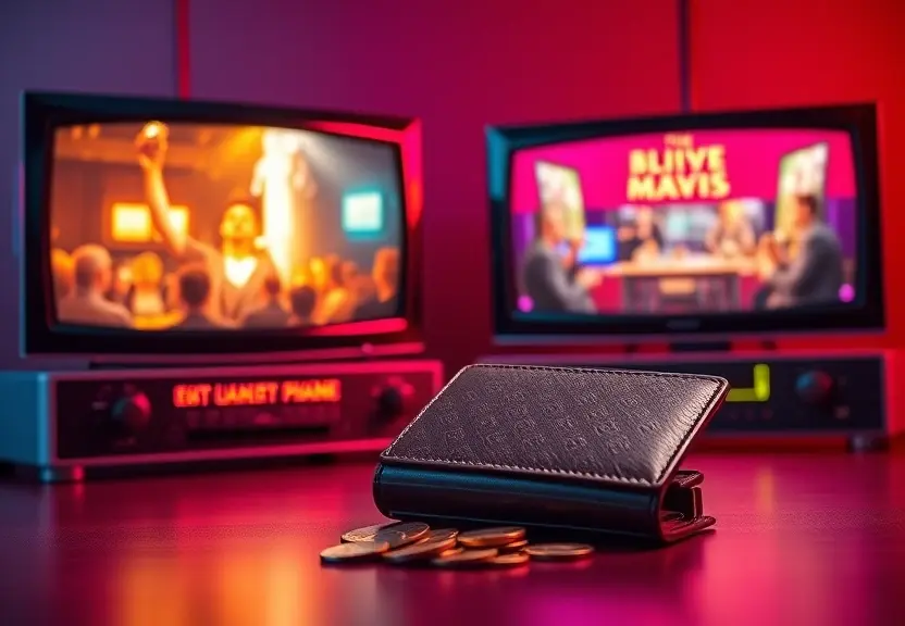 IPTV 15 reais com carteira e duas TVs exibindo filmes em cores vivas