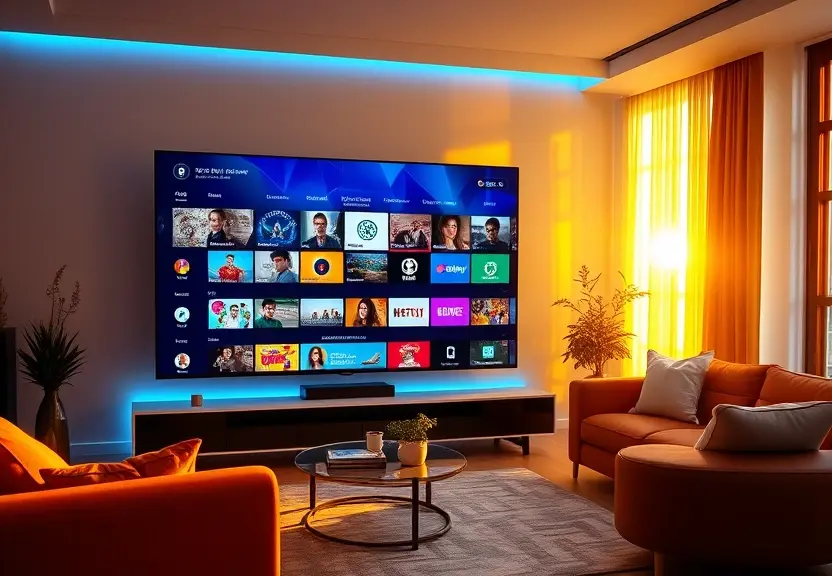 Teste IPTV na Smart TV exibindo grade colorida de canais na sala de estar